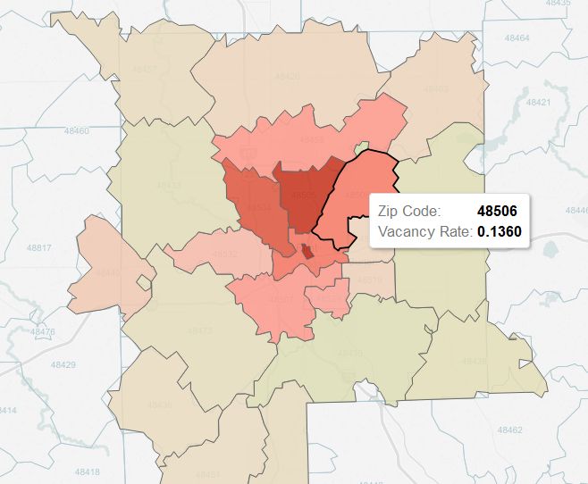 Darker red areas on the map of Flint zip codes indicate a higher vacancy rate. Five zip codes in Flint have vacancy rates nearly twice the city's average, all the way up to a 33 percent vacancy rate.