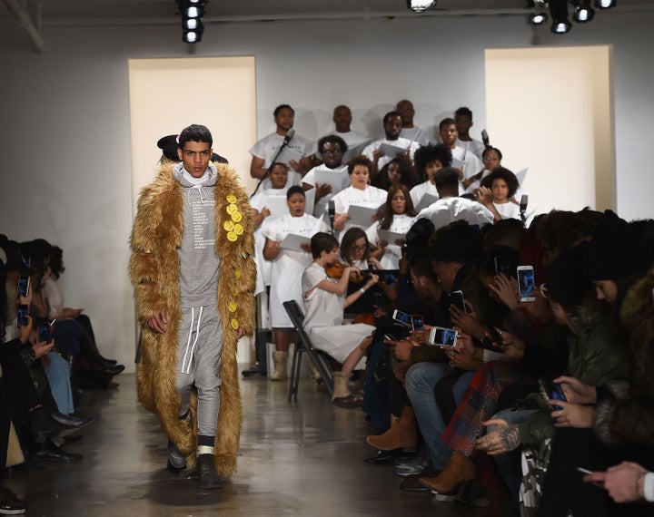 A model walks the runway wearing Pyer Moss fall 2016 at Milk Studios on Saturday in New York City.