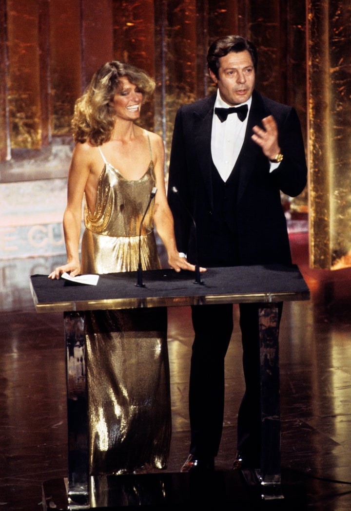 Farrah Fawcett and Marcello Mastroianni at the 50th annual Academy Awards in 1978. 