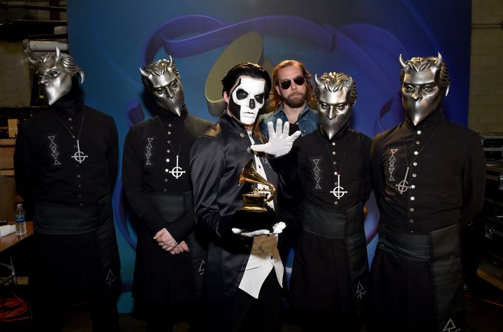 Musical group Ghost, winners of Best Metal Performance for "Cirice," attend the Grammys pre-telecast.