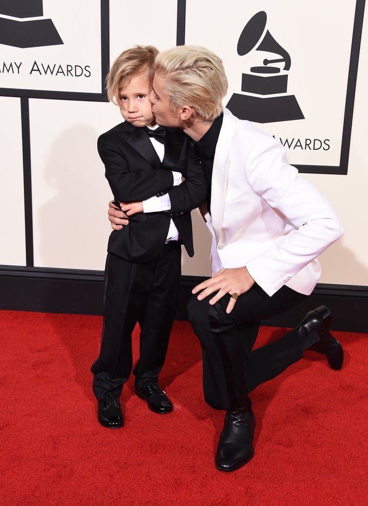 Jaxon Bieber and recording artist Justin Bieber attend The 58th GRAMMY Awards at Staples Center on February 15, 2016 in Los Angeles, California. (Photo by Steve Granitz/WireImage)