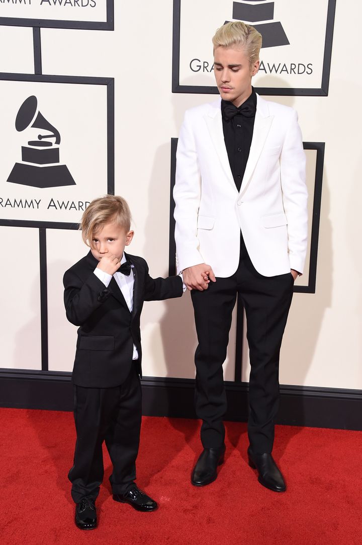 Jaxon Bieber and recording artist Justin Bieber attend The 58th GRAMMY Awards at Staples Center on February 15, 2016 in Los Angeles, California. (Photo by Steve Granitz/WireImage)