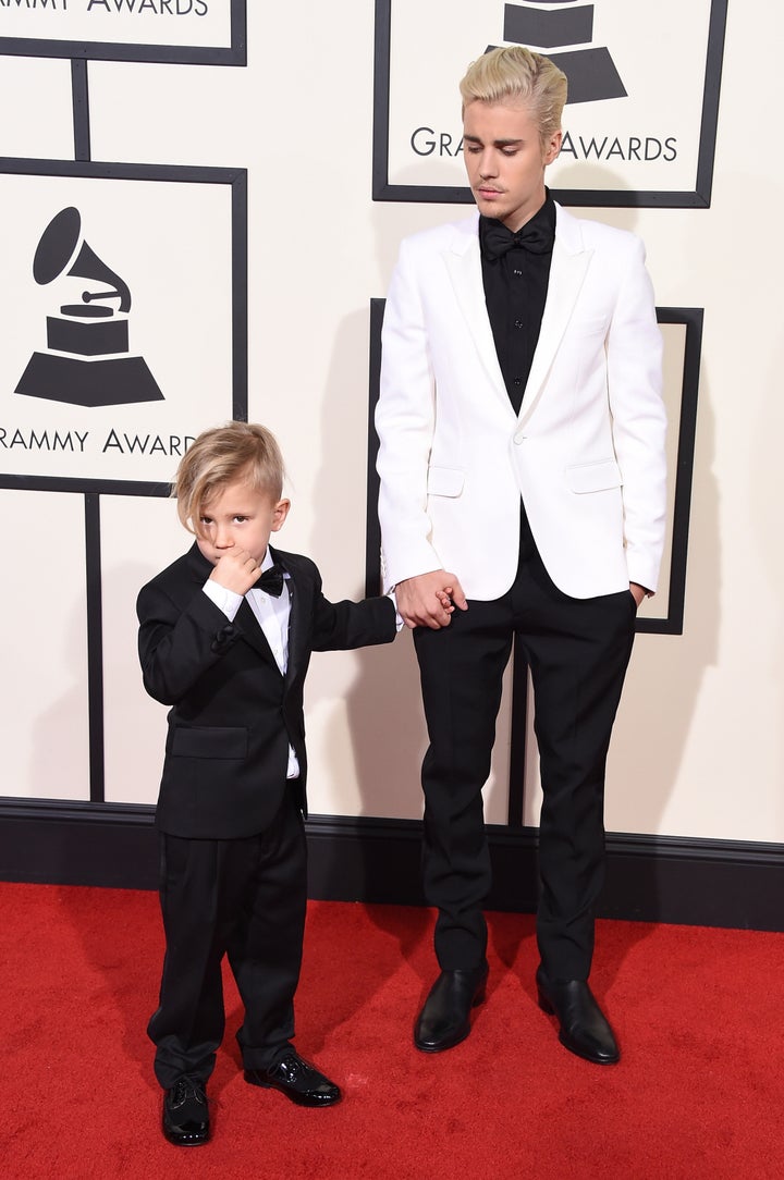 Jaxon Bieber and recording artist Justin Bieber attend The 58th GRAMMY Awards at Staples Center on February 15, 2016 in Los A