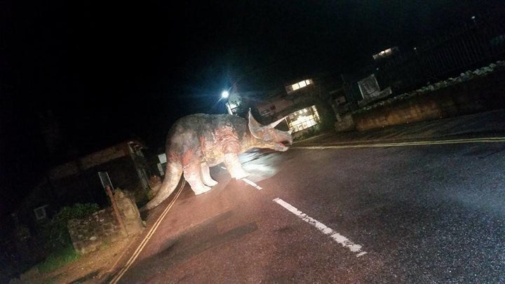 A triceratops statue on the Isle of Wight known locally as Godshilla was moved by pranksters into the middle o
