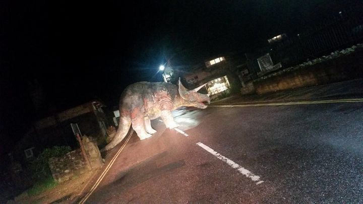 A triceratops statue on the Isle of Wight known locally as Godshilla was moved by pranksters into the middle of the road.