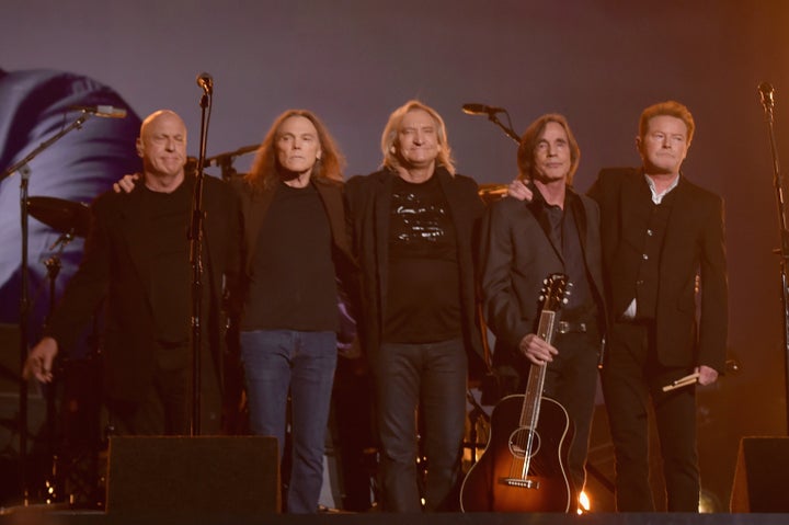 Musicians Bernie Leadon, Timothy B. Schmit, Joe Walsh, Jackson Browne and Don Henley, paying tribute to founding Eagles membe