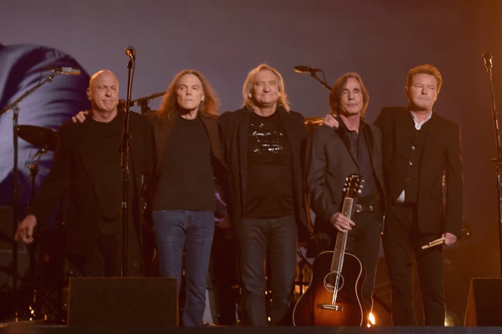 Musicians Bernie Leadon, Timothy B. Schmit, Joe Walsh, Jackson Browne and Don Henley, paying tribute to founding Eagles member Glenn Frey, appear onstage during the Grammys.