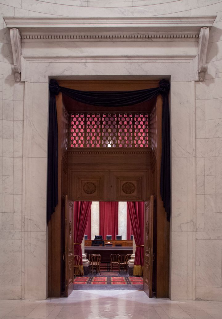 A view of the courtroom doors, which are draped in black to honor the late Justice Antonin Scalia.