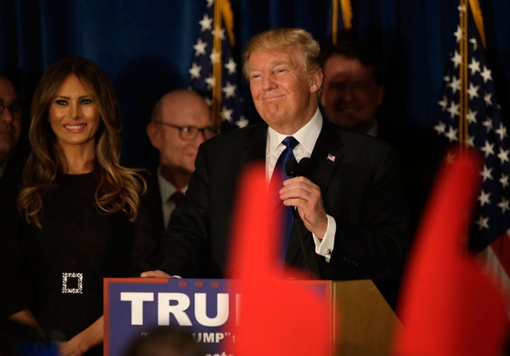 Real estate mogul and presidential candidate Donald Trump speaks at his election night watch party on Feb. 9, 2016, in Manchester, New Hampshire.