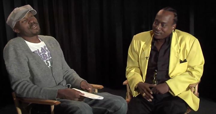 Actor Wood Harris (left), who played drug kingpin Avon Barksdale on the HBO show "The Wire," interviews former Baltimore gangster Nathan "Bodie" Barksdale. The real Barksdale died on Saturday in federal prison. 
