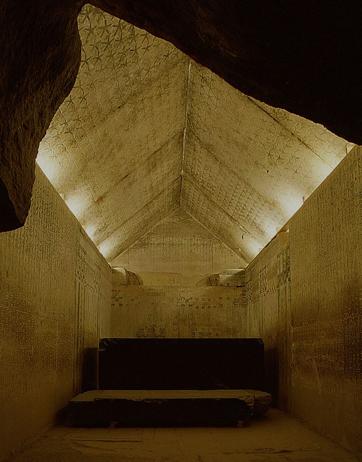 This is the Pyramid of Unas, in Egypt. The interior walls of the structure are inscribed with the Pyramid Texts.