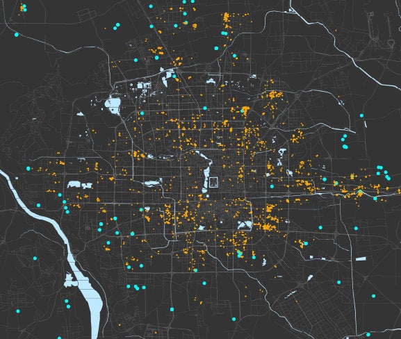 The orange dots on the map of Beijing show the location of the 3,385 underground rental units that housing researcher Annette Kim found advertised for rent online from 2012 to 2013. The blue dots on the city's periphery show affordable housing projects.