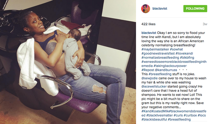 Kandi Burruss, singer-songwriter and television personality, breastfeeding. The image first appeared on Burruss' Instagram account, @kandiburruss.