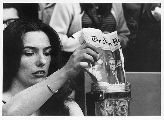 Peter Moore. Charlotte Moorman performs Wolf Vostell’s Morning Glory, 4th Annual New York Avant Garde Festival, Central Park, September 9, 1966. Photograph © Barbara Moore/Licensed by VAGA, NY.