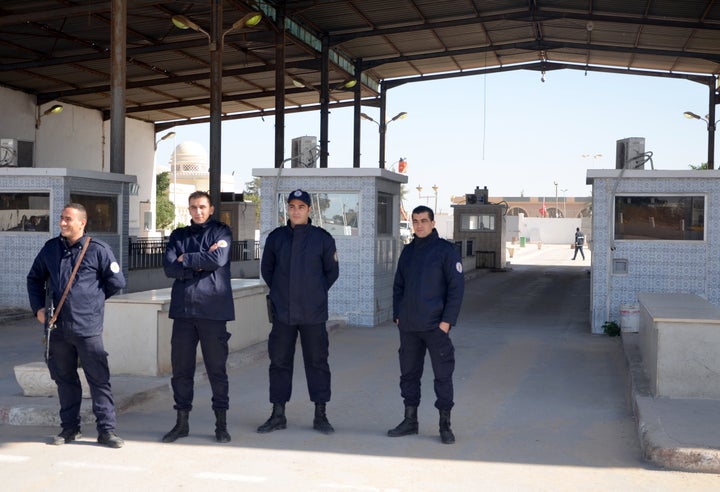 Tunisian police guard the Tunisian-Libyan border. The country's police believe Islamic State fighters have been trained in ca