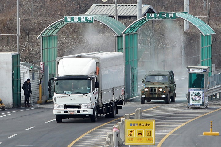 A vehicle arriving from the Kaesong joint industrial complex in North Korea at the inter-Korean transit office on February 11, 2016 in Paju, South Korea.