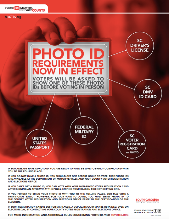 A poster distributed to South Carolina polling places implies that photo ID is necessary to