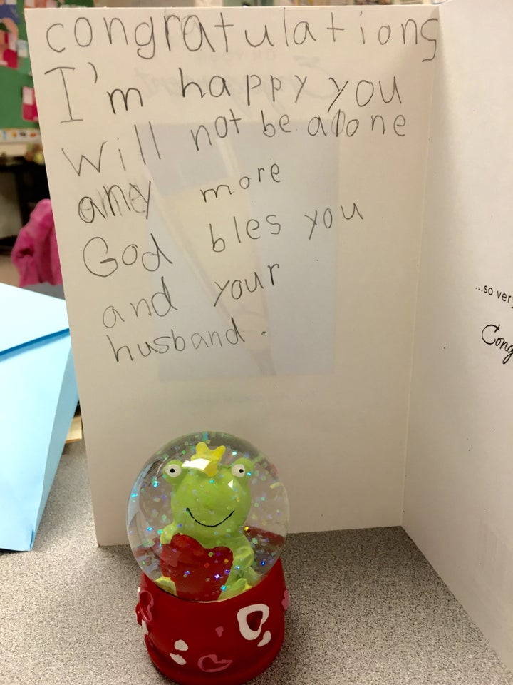 An honest note from one of Jennifer's students reads: "Congratulations. I'm happy you will not be alone anymore. God bless you and your husband."