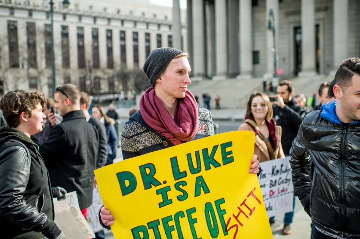 Kesha fans protest Sony Music Entertainment outside New York State Supreme Court on February 19, 2016 in New York City. Sony has refused to voluntarily release the pop star from her contract which requires her to make eight more albums with producer Dr. Luke, a man she claims sexually assaulted her.
