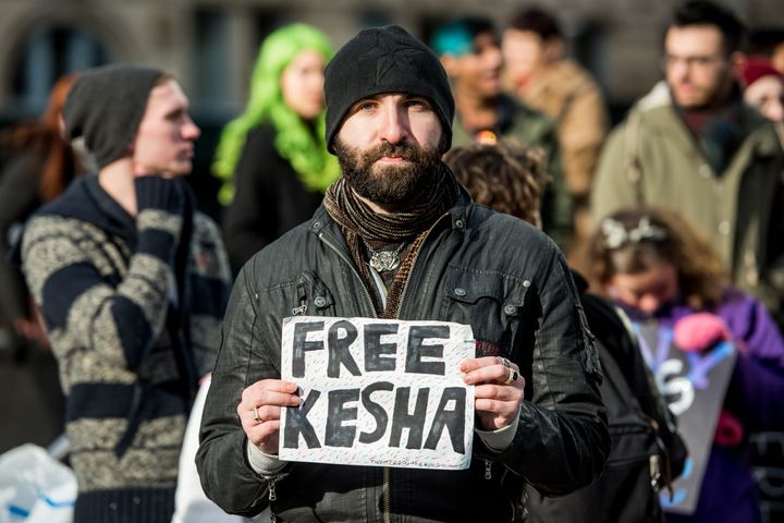 Kesha fans protest Sony Music Entertainment outside New York State Supreme Court on February 19, 2016 in New York City. Sony has refused to voluntarily release the pop star from her contract which requires her to make eight more albums with producer Dr. Luke, a man she claims sexually assaulted her.