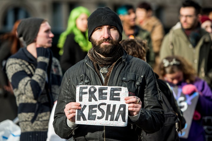 Kesha fans protest Sony Music Entertainment outside New York State Supreme Court on February 19, 2016 in New York City. Sony has refused to voluntarily release the pop star from her contract which requires her to make eight more albums with producer Dr. Luke, a man she claims sexually assaulted her.