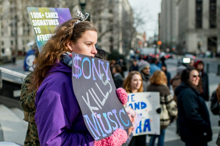 Kesha fans protest Sony Music Entertainment outside New York State Supreme Court on February 19, 2016 in New York City. Sony has refused to voluntarily release the pop star from her contract which requires her to make eight more albums with producer Dr. Luke, a man she claims sexually assaulted her.