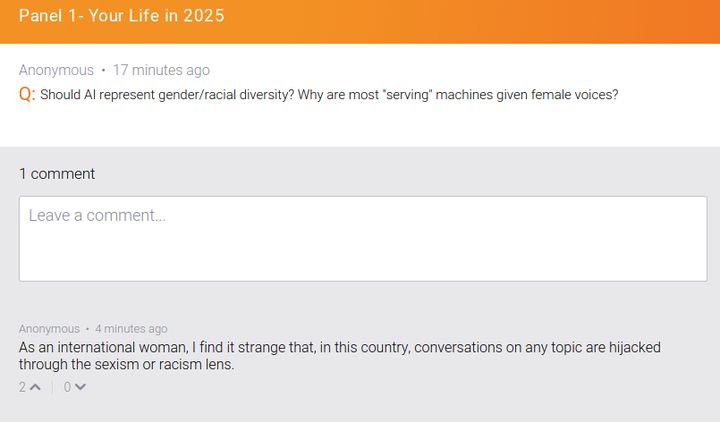 An anonymous response to the question about female voices criticized the author for bringing up sexism and racism.