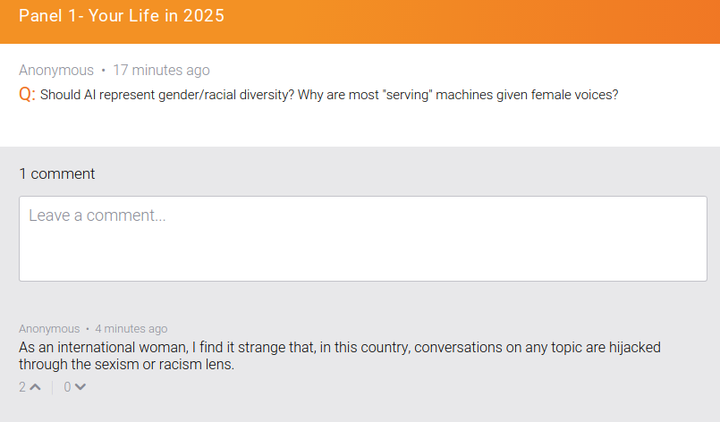 An anonymous response to the question about female voices criticized the author for bringing up sexism and racism.