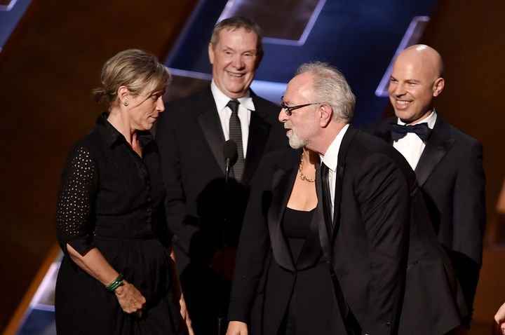 Actress Frances McDormand and producers David Coatsworth, Gary Goetzman and Steve Shareshian accept the outstanding limited series award for "Olive Kitteridge" during the 67th Annual Primetime Emmy Awards at Microsoft Theater, Sept. 20, 2015, in Los Angeles.