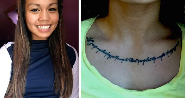 Kate Pimental may not be able to get into the Marines because of her tattoo, pictured at right.