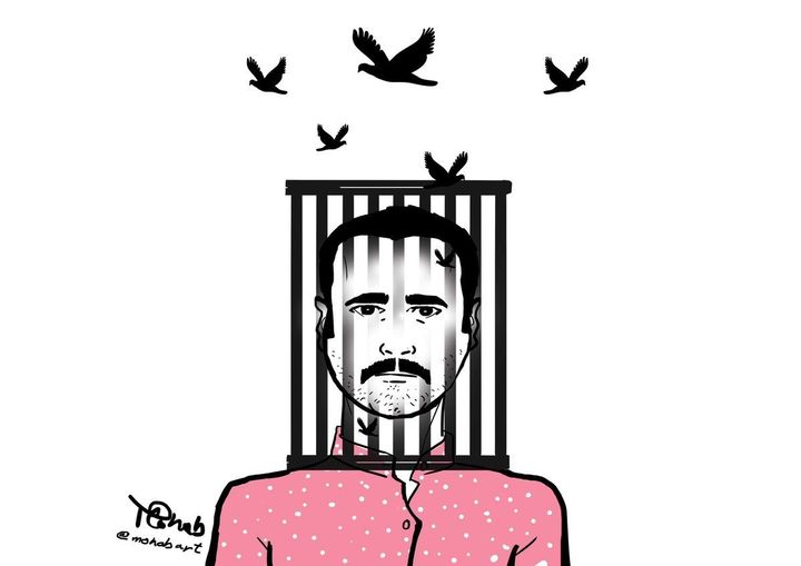 An illustration of Ahmed Naji by Egyptian artist Mohab, published on za2ed18.com.