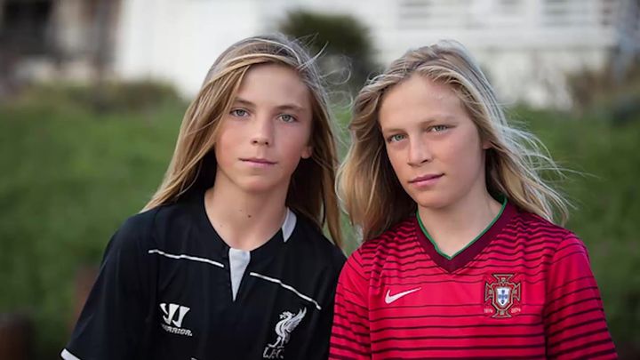 James, left, and Travis, right, are now teenagers who model, play soccer and attend middle school in Manhattan Beach.