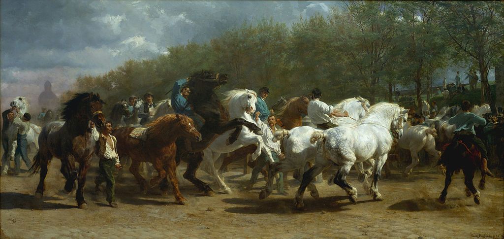 Rosa Bonheur, "The Horse Fair," 1852–55, oil on canvas, 96 1/4 x 199 1/2 in. (244.5 x 506.7 cm), Metropolitan Museum of Art Gallery 812