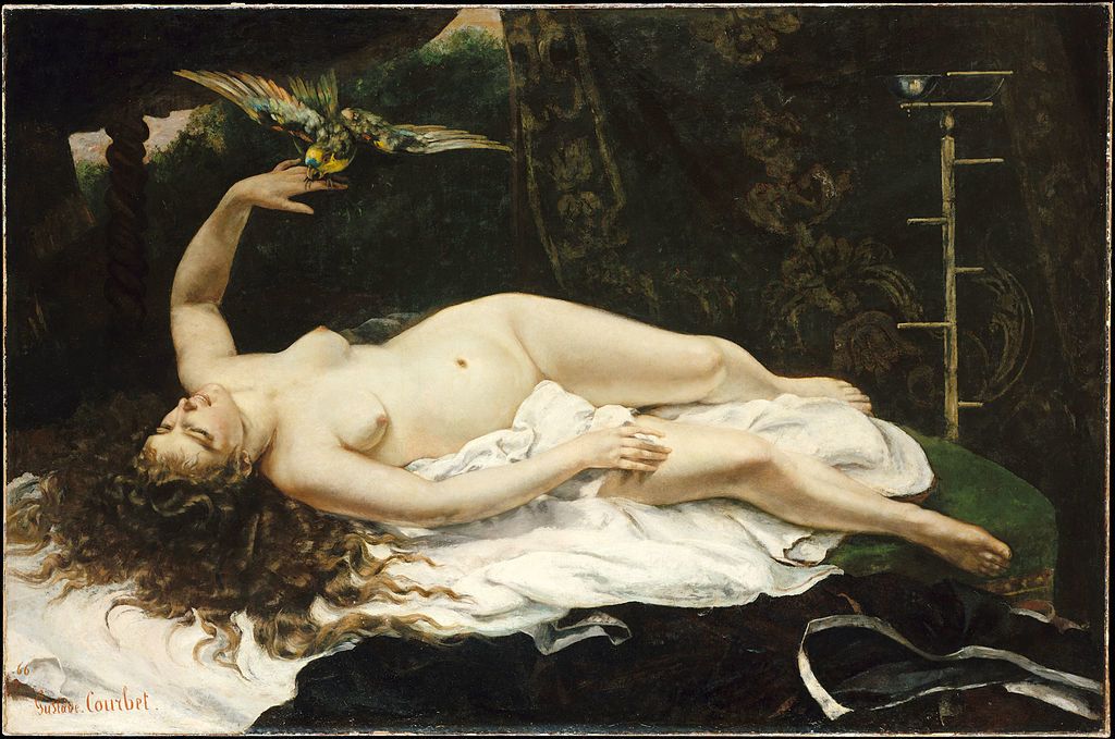 Gustave Courbet, "Woman with a Parrot Date," 1866, oil on canvas, 129.5 × 195.6 cm (51 × 77 in), Metropolitan Museum of Art Gallery 811