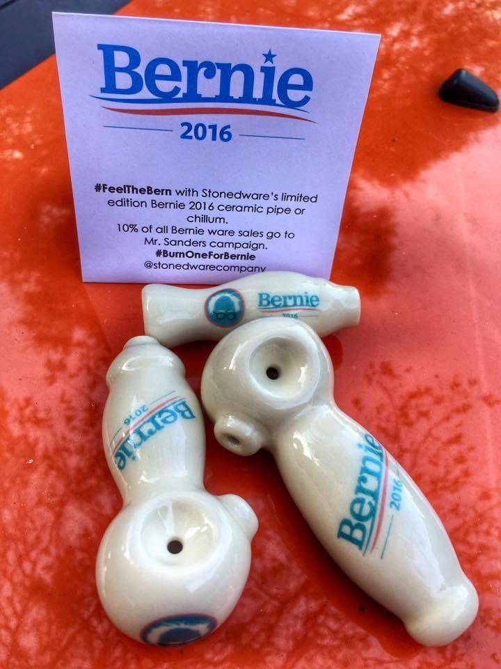Ceramic pipes touting Democratic presidential candidate Bernie Sanders made by Ariel Zimman of Portland, Oregon.