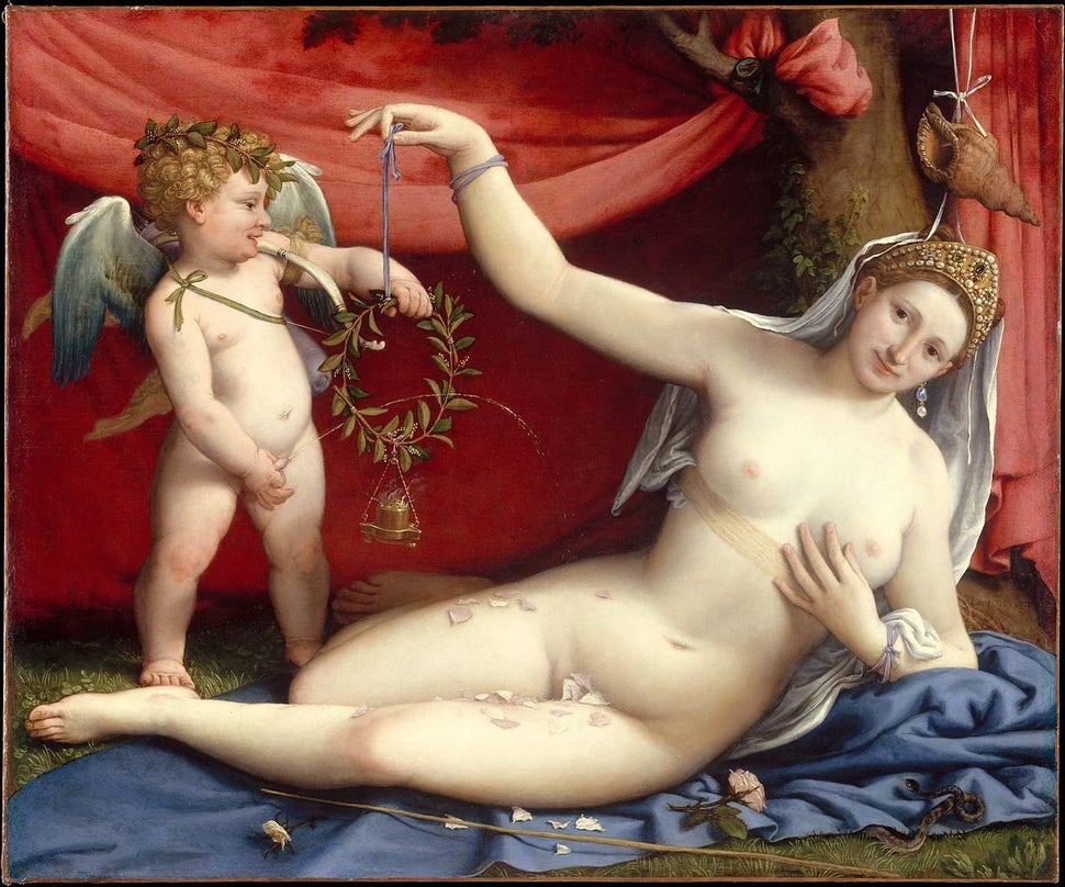Lorenzo Lotto, "Venus and Cupid," late 1520s, oil on canvas, 92.4 cm (36.4 in) x 11.4 cm (4.5 in), Metropolitan Museum of Art