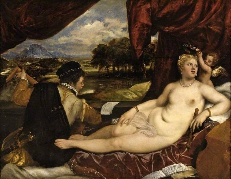 Titian, "Venus and the Lute Player," Venus and the Lute Player, circa 1555–65, oil on canvas, 150.5