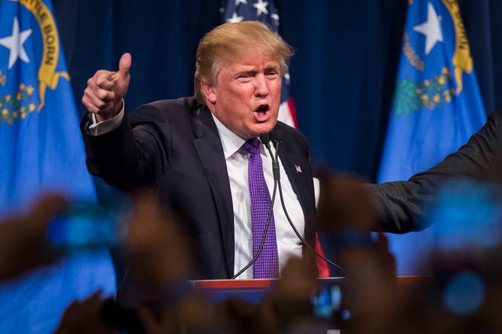 Republican presidential candidate Donald Trump speaks during a campaign watch party on the day of the Nevada Republican caucus in Las Vegas, Feb. 23, 2016.