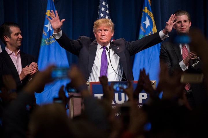 Donald Trump speaks during a campaign watch party in Las Vegas on the day of the Nevada Republican caucuses, Feb. 23, 2016.