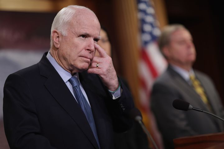 Senate Armed Services Committee Chairman John McCain (R-Ariz.) speaks at a news conference at the U.S. Capitol on Feb. 24, 2016 in Washington, DC, where the Obama administration's Guantanamo Bay closure plan was called "jibberish."