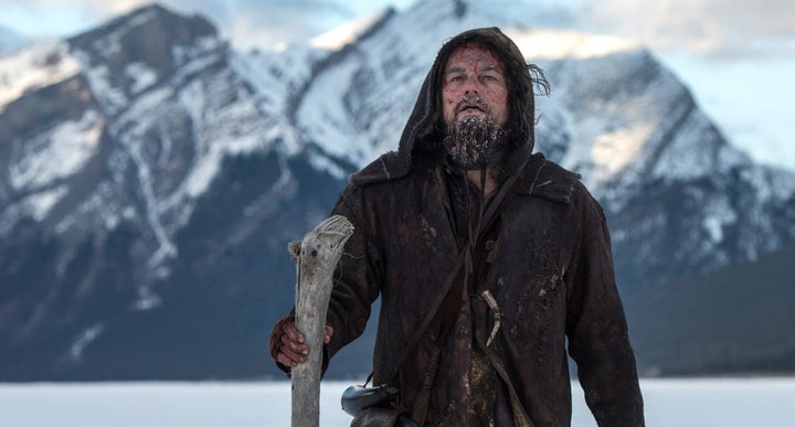 Actor Leonardo DiCaprio treks through the wilderness.