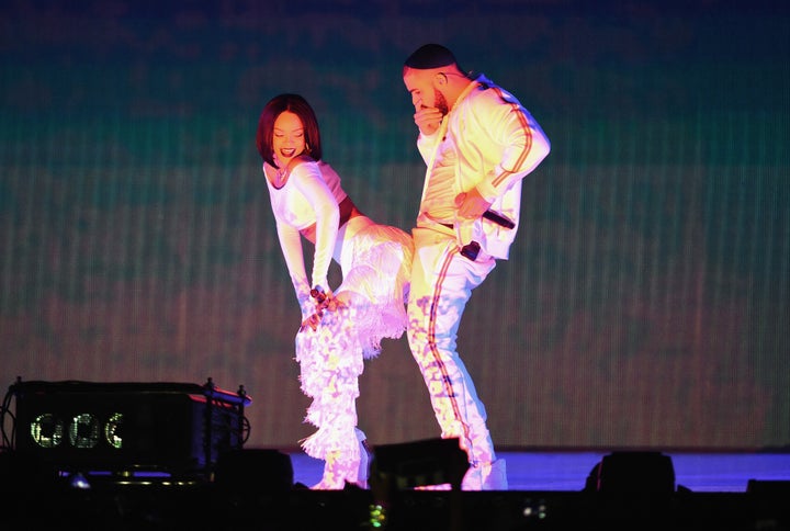 Rihanna and Drake perform on stage at the BRIT Awards 2016 at The O2 Arena on February 24, 2016 in London, England. (Photo by
