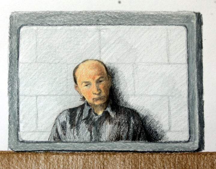 Robert William Pickton appears on a video link to British Columbia Supreme Court in this courtroom artist's drawing in New We