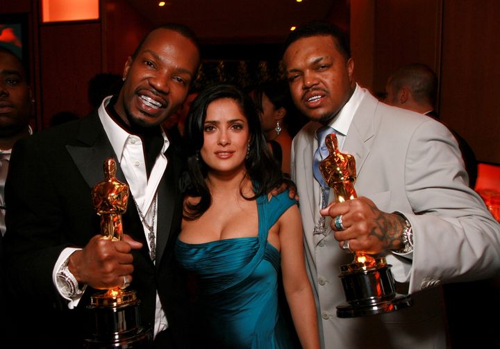 Juicy J, Salma Hayek and DJ Paul at the Vanity Fair party in 2006 hosted by Graydon Carter at Morton's in Beverly Hills, California.