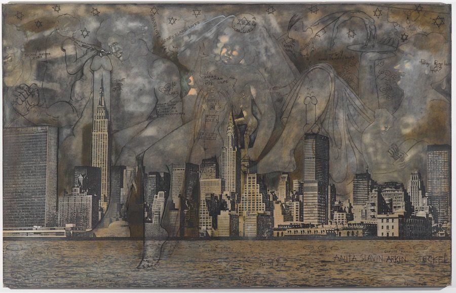 Anita Steckel New York Landscape 5 (Eat your power honey, before it grows cold) c.1970-1980 Silkscreen print and oil paint on canvas 63 x 99 inches