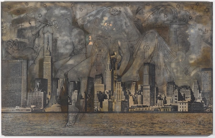 Anita Steckel New York Landscape 5 (Eat your power honey, before it grows cold) c.1970-1980 Silkscreen print and oil paint on canvas 63 x 99 inches