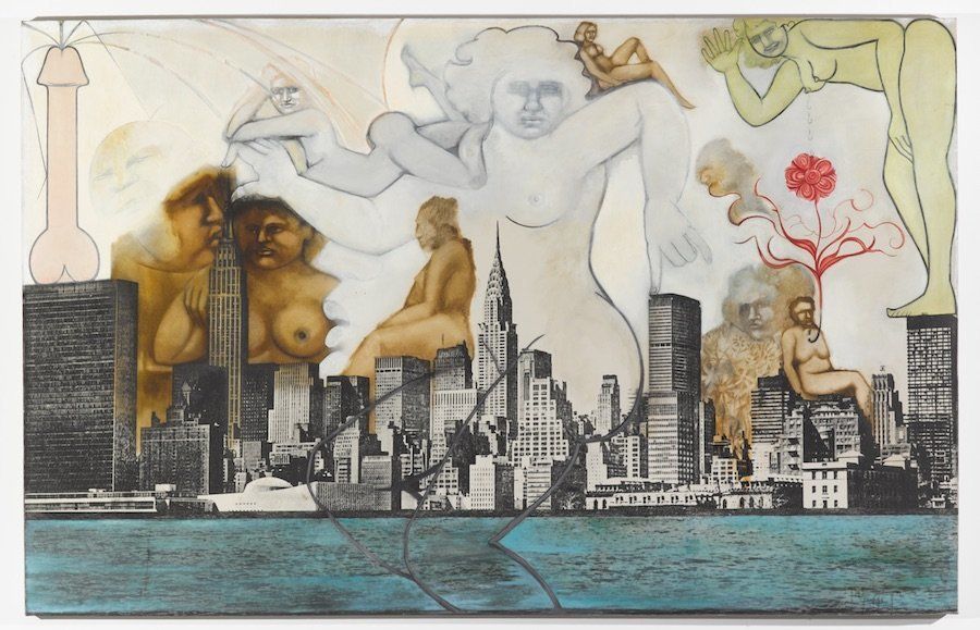 Anita Steckel New York Landscape 6 (Black Cock Canon)c.1970-1972 Silkscreen and oil paint on canvas 63.25 x 99 x 2 inches