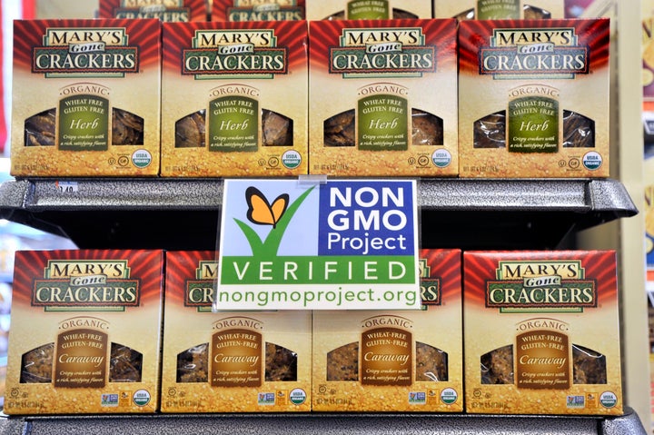 GMO-free products on the shelves of a Whole Foods store. The bill currently being considered by Congress would allow for this sort of voluntary labeling, but not mandatory labeling.