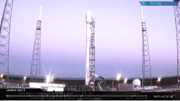 SpaceX rocket positioned to launch on Thursday night. The launch was later scrubbed.