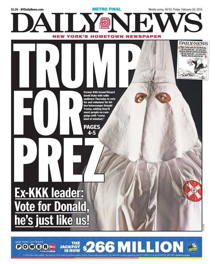 New York Daily News Front Page Hypes Donald Trumps Kkk Connection Huffpost 2416